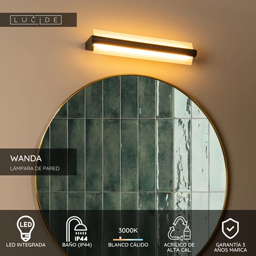 Lucide WANDA - Lámpara de pared Baño - LED - 1x15W 3000K - IP44 - Negro - USP